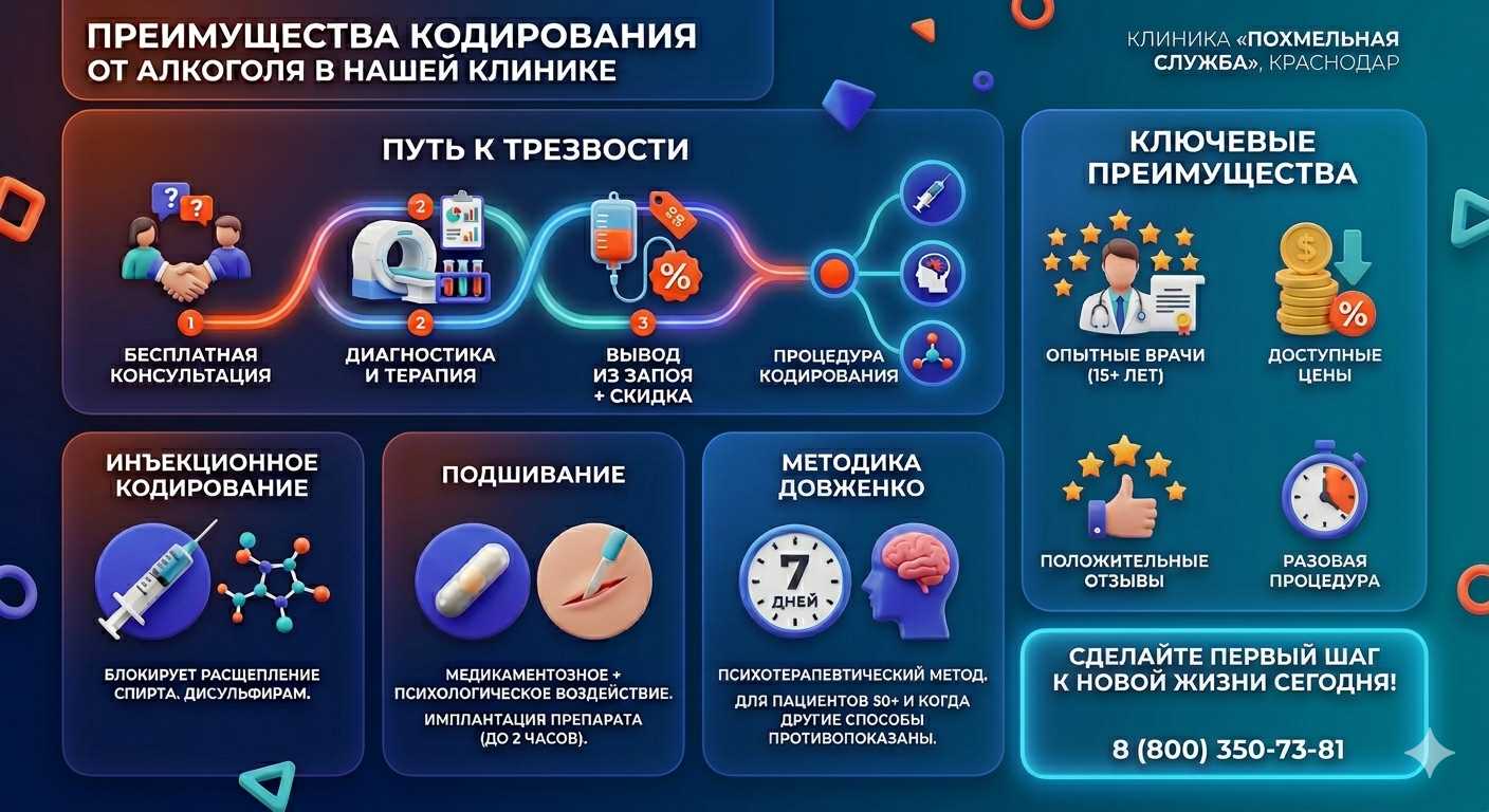 Инфографика о методах кодирования от алкоголя в Климово: инъекции, подшивание, метод Довженко. Преимущества клиники и этапы лечения.