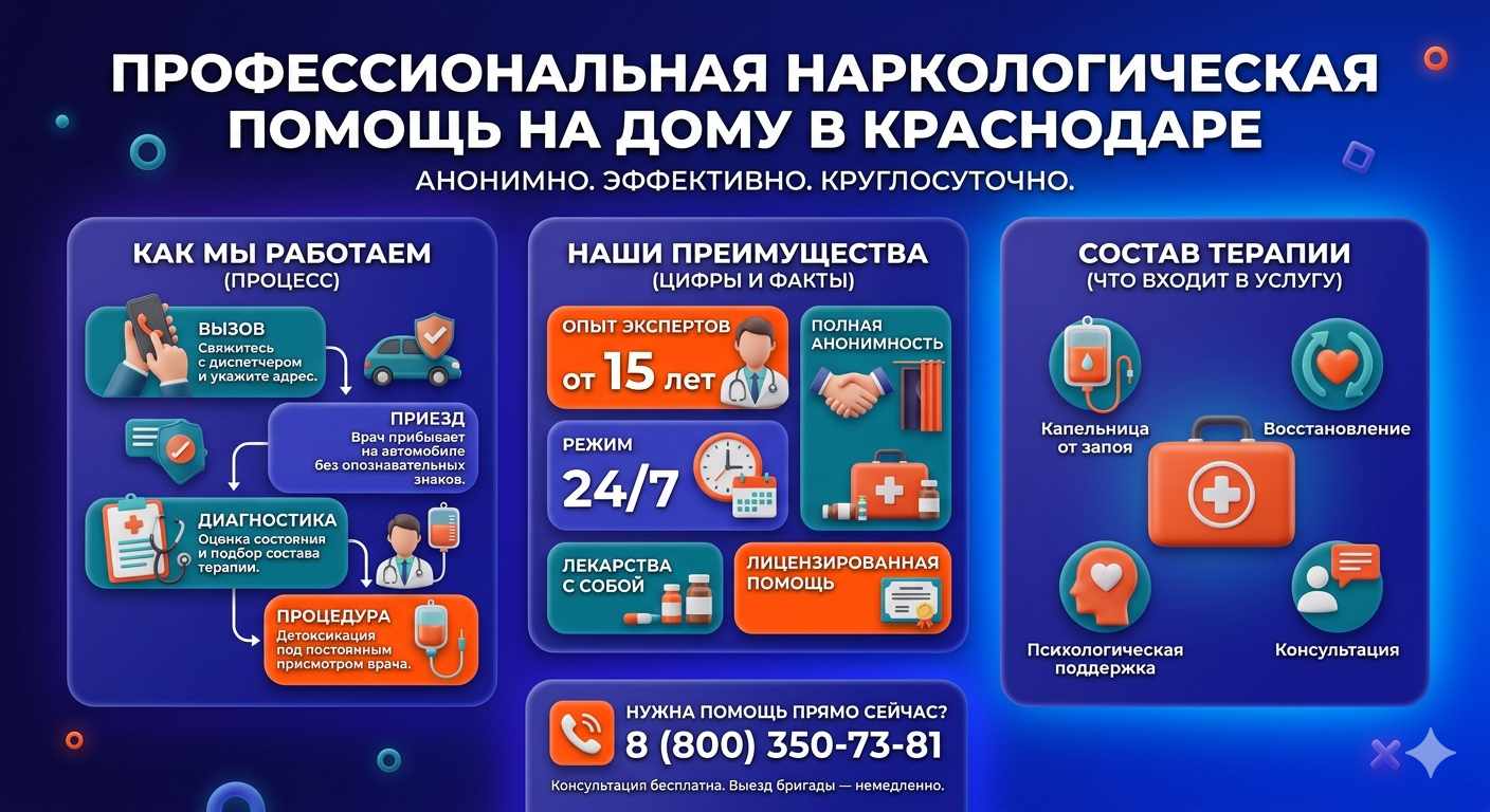 Инфографика о принципах лечения алкоголизма на дому в Климово: этапы вызова нарколога, преимущества анонимной детоксикации и состав медицинской помощи.